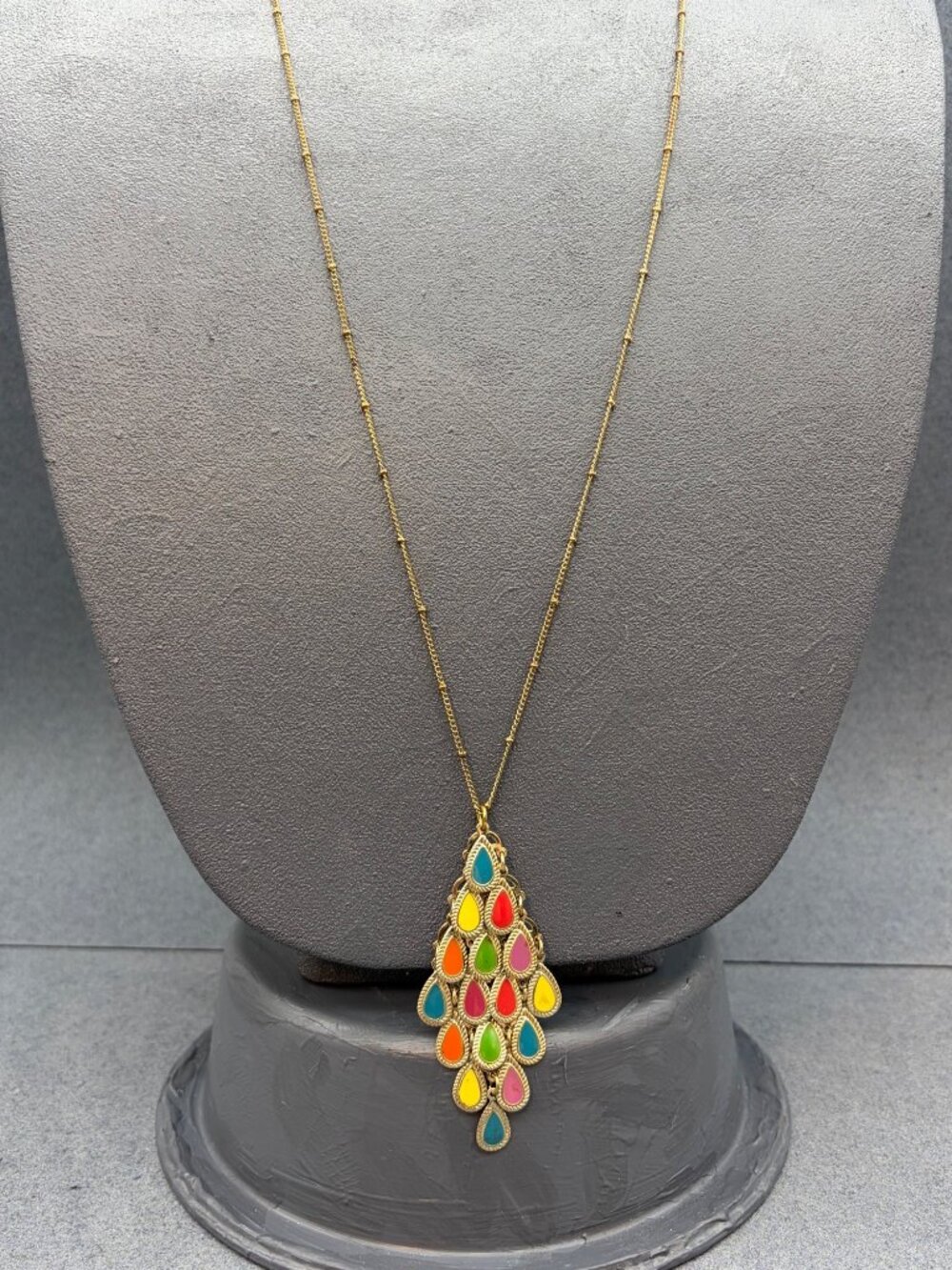 Colorful Teardrop Pendant Necklace 34 In Gold Chain Boho Exotic Rainbow Pride